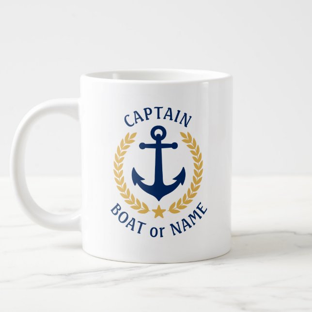 Captain Boat Name Anchor Gold Style Laurel Star Large Coffee Mug (Left)