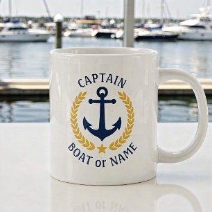 Captain Boat Name Anchor Gold Style Laurel Star Large Coffee Mug