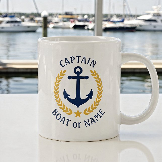 Captain Boat Name Anchor Gold Style Laurel Star Large Coffee Mug (Creator Uploaded)