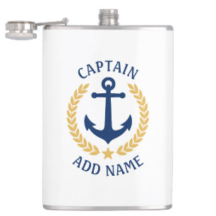 Captain Boat Name Anchor Gold Style Laurel White Hip Flask
