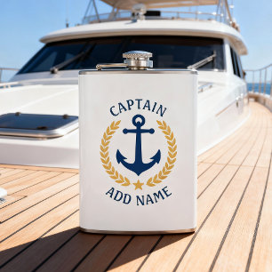 Captain Boat Name Anchor Gold Style Laurel White Hip Flask