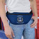 Captain Boat Name Nautical Anchor Gold Laurel Star Fanny Pack<br><div class="desc">A personalized, nautical themed waist pouch fanny pack or travel bag to keep your personal items safe . This unique design features a nautical boat anchor, gold style laurel leaves and a gold star with your editable Captain rank or other title and Your Personalized Name, Boat Name or other desired...</div>