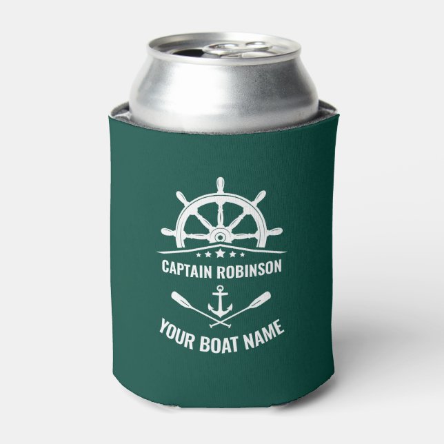 Captain Boat Name Nautical Anchor Oars Helm Green Can Cooler (Can Front)