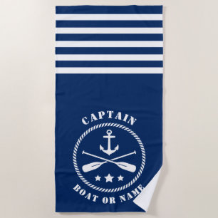 Captain Boat or Name Nautical Anchor & Oars Navy Beach Towel