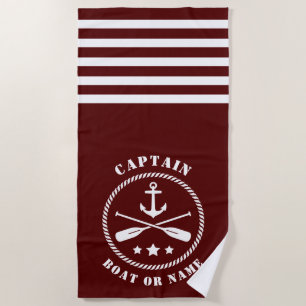 Captain Boat or Name Nautical Anchor & Oars Red Beach Towel