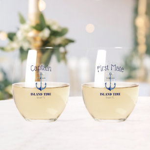 Captain & First Mate 🍹 Nautical Wedding Couple's Stemless Wine Glass