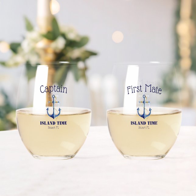 Captain & First Mate 🍹 Nautical Wedding Couple's  Stemless Wine Glass (Insitu (Wedding))