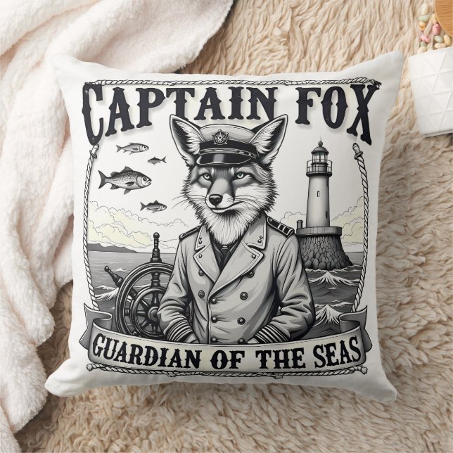 Captain Fox Guardian of Seas Nautical Design Throw Pillow (Blanket)