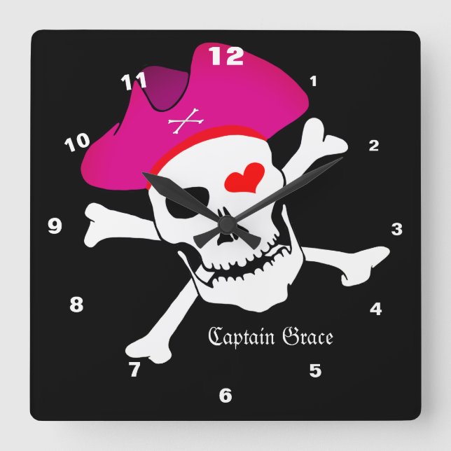 Captain Grace & Pirates Flag, Skull House / Boat Square Wall Clock (Front)