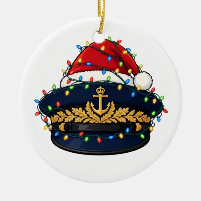 Captain Hat Santa Hat Christmas Lights Nautical Ceramic Ornament (Front)