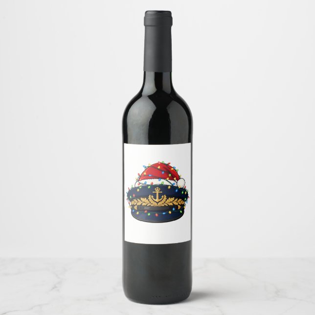 Captain Hat Santa Hat Christmas Lights Nautical Wine Label (Front)