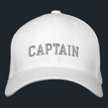Captain in grey on white sport embroidered cap|hat embroidered hat<br><div class="desc">Captain in grey on white background sport cap|hat with CAPTAIN embroidered in front and back of cap|hat.Sports cap|hat is ideal for baseball, football, basketball, hockey, cricket, rugby, lacrosse, volleyball, curling, softball, or swimming captain.Captain in grey on white sports cap is a great gift at holidays such as christmas for sports...</div>