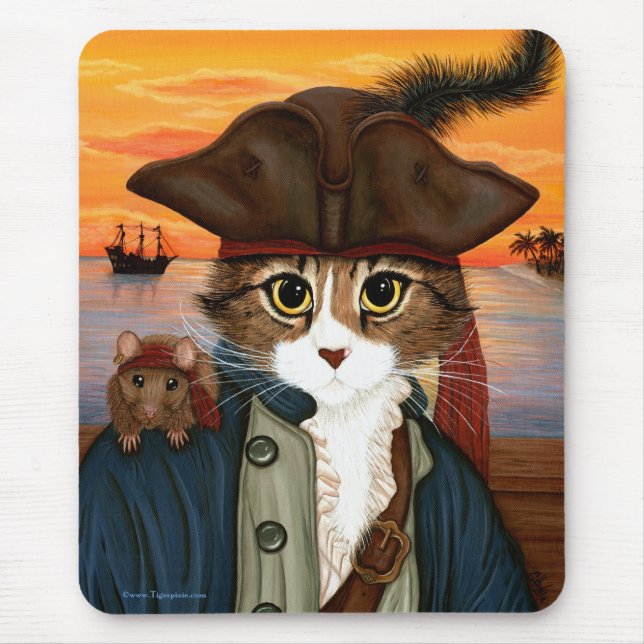 Captain Leo, Pirate Cat & Rat Fantasy Art Mousepad (Front)