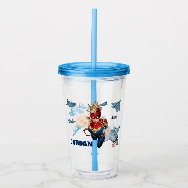 Captain Marvel Flying With Jets Acrylic Tumbler (Front)