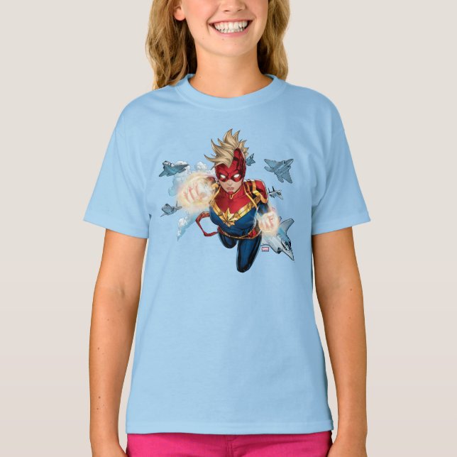 Captain Marvel Flying With Jets T-Shirt (Front)