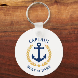 Captain Name Anchor Gold Laurel Photo Back White Keychain