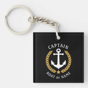 Captain Name Anchor Gold Laurel Picture Back Black Keychain