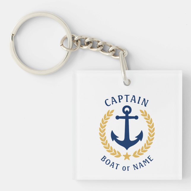 Captain Name Anchor Gold Laurel Picture Back White Keychain (Front)