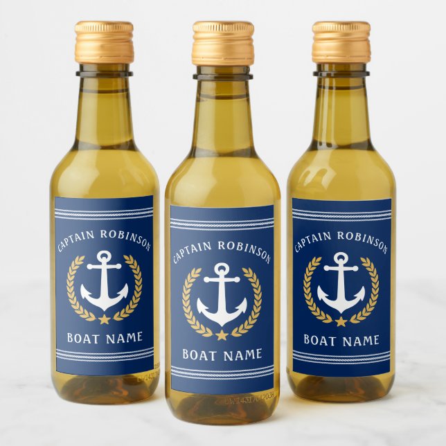 Captain Name And Boat Anchor Gold Laurel Mini Wine Label (Bottles)