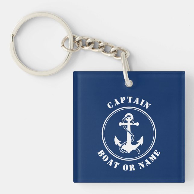 Captain Name Boat Anchor Rope Photo Back Navy Keychain (Front)