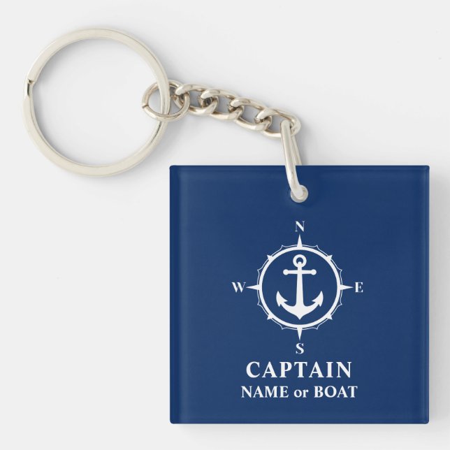 Captain Name Boat Compass Anchor Photo Back Navy Keychain (Front)