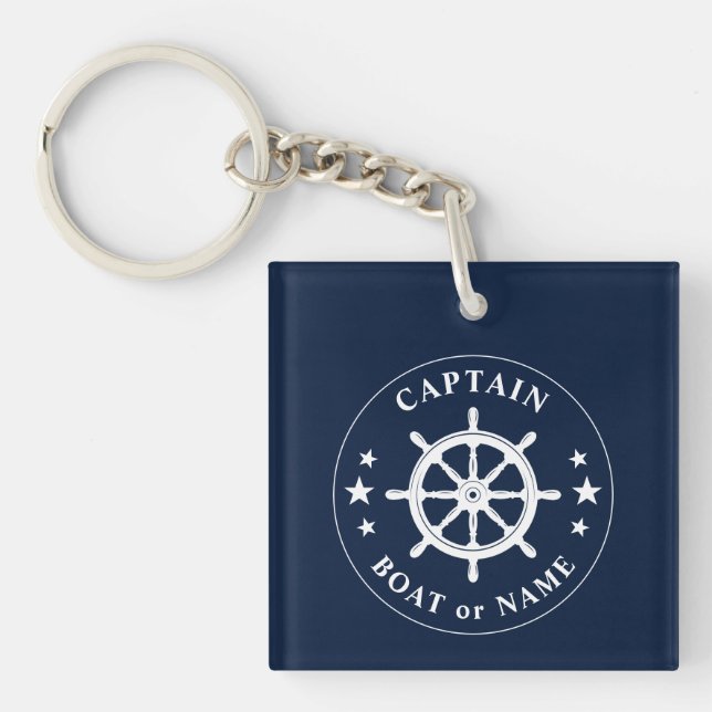 Captain Name Boat Wheel Helm Stars  Photo Back Keychain (Front)
