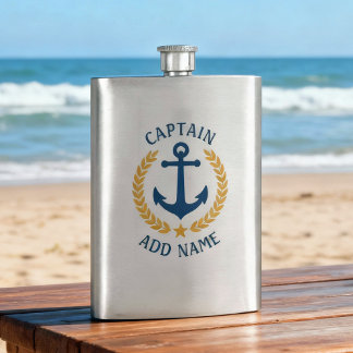 Captain Name Nautical Anchor Gold Style Laurel Hip Flask