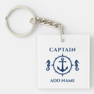 Captain Name Seahorse Boat Anchor Photo Back White Keychain