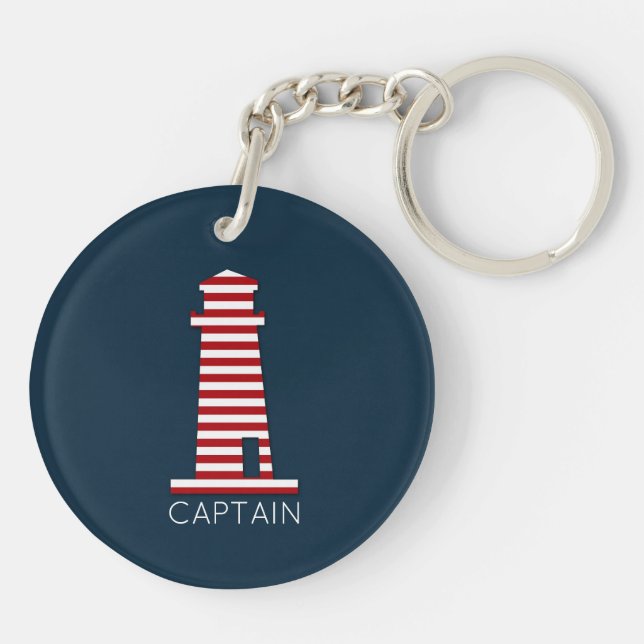 CAPTAIN Nautical Lighthouse Boating Red White Blue Keychain (Back)