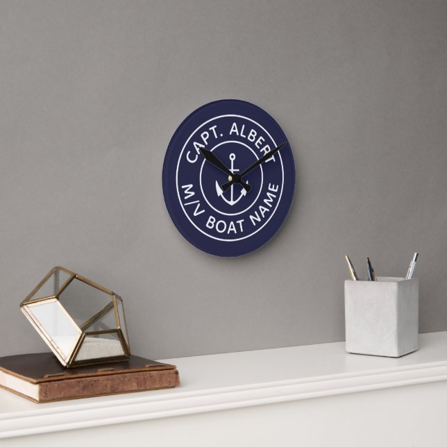 Captain Navy Blue Personalized Round Wall Clock (Office)