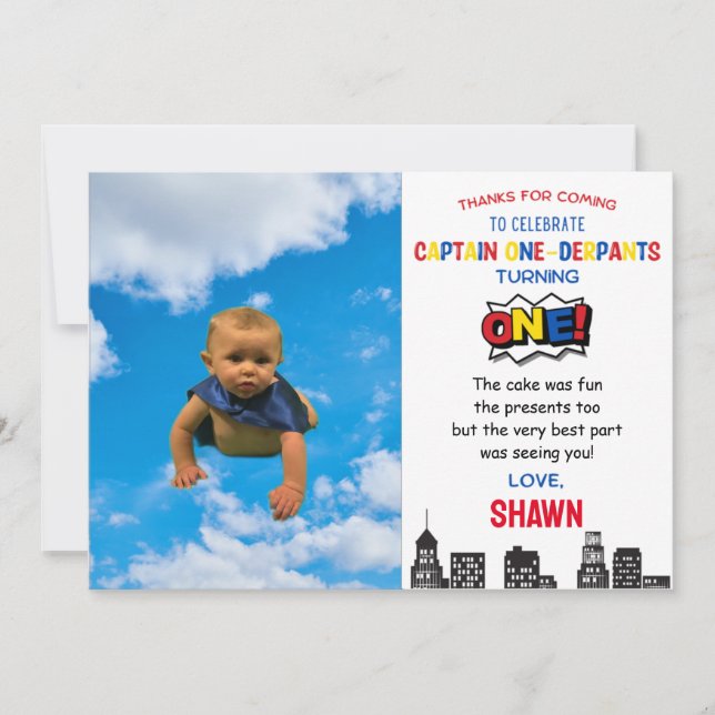 Captain One-derpants First Birthday Thank You Card (Front)