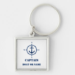 Captain or Boat Name Nautical Compass Anchor White Keychain