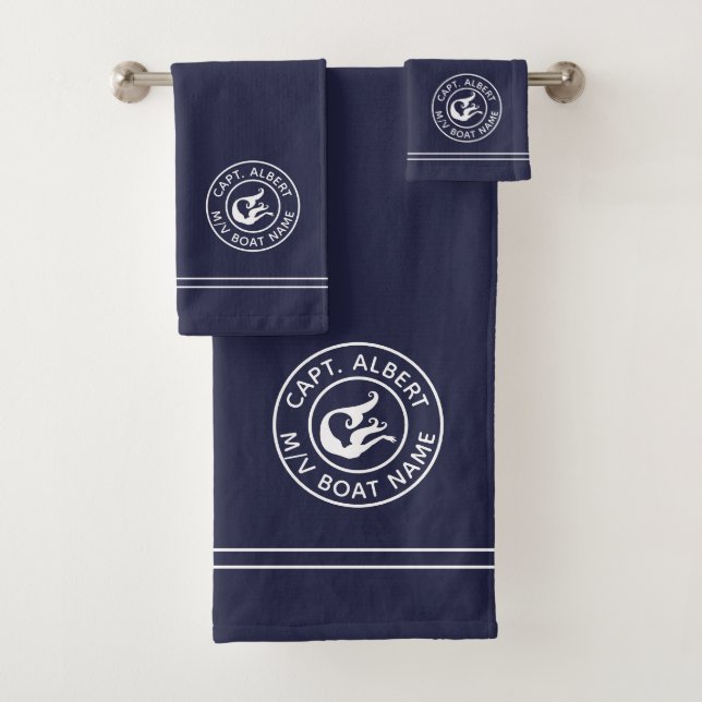 Captain Personalized Mermaid Logo Navy Towel Set (Insitu)