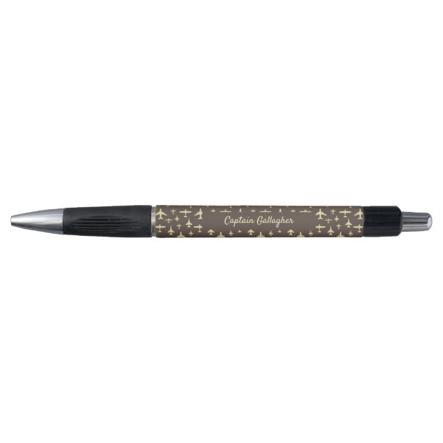 Captain Pilot Brown and Cream Airplane Patterned Pen (Front)