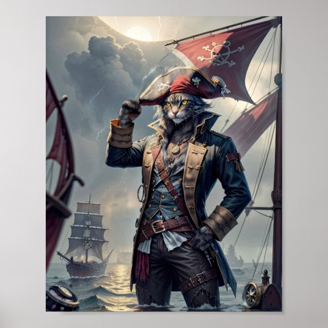 Captain Pirate cat on a sinking galleon -  Poster (Front)