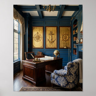 Captain’s Executive Maritime Study Gold Triptych I Poster