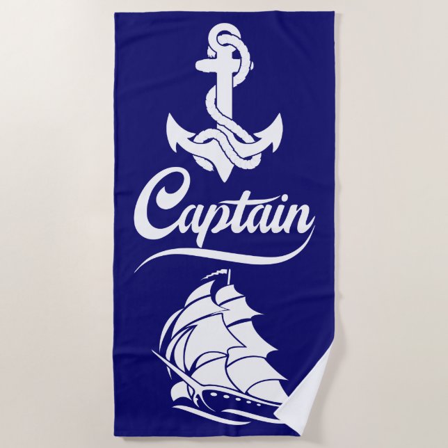 Captain Sailboat Anchor Nautical Design Beach Towel (Front)