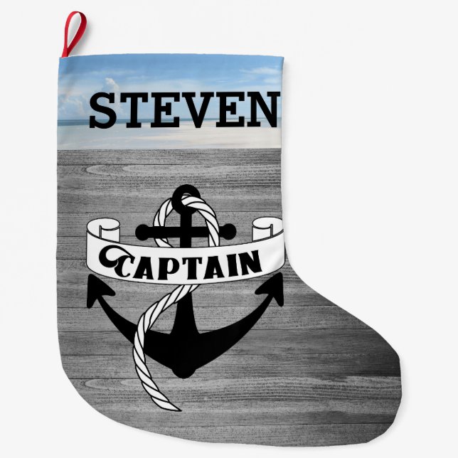 Captain Sailing Anchor Sailor Beach Name Nautical Large Christmas Stocking (Front)