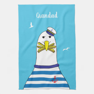 Captain Sailor Seagull Funny Cartoon Character Kitchen Towel
