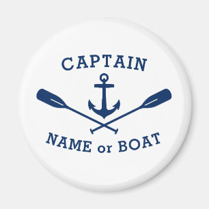 Captain with Boat Name Anchor Oars Navy Blue White Magnet