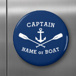 Captain with Boat Name Anchor Oars White Navy Blue Magnet<br><div class="desc">Stylish round refrigerator magnet with your personalized captain or other rank,  your name or boat name or desired text and a custom nautical anchor and crossed oars in white on navy blue or choose background colour to match your decor. Makes a great unique gift.</div>