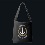 Captain Your Boat Name Anchor Gold Laurel Black Crossbody Bag<br><div class="desc">A stylish cross-body tote bag with Captain or other title, your personalized name, boat name or other desired text. Features a custom designed nautical boat anchor with gold style laurel leaves and star on black. Easily customize the base colour to match your current decor or theme. Reusable and great for...</div>