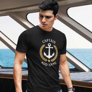 Captain Your Boat Name Anchor Gold Laurel Black T-Shirt