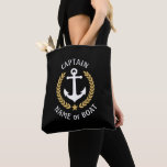 Captain Your Boat Name Anchor Gold Laurel Black Tote Bag<br><div class="desc">A stylish tote bag with Captain or other title, your personalized name, boat name or other desired text. Features a custom designed nautical boat anchor with gold style laurel leaves and star on navy black. Easily customize the base colour to match your current decor or theme. Reusable and great for...</div>