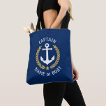 Captain Your Boat Name Anchor Gold Laurel Navy Tote Bag<br><div class="desc">A stylish tote bag with Captain or other title, your personalized name, boat name or other desired text. Features a custom designed nautical boat anchor with gold style laurel leaves and star on navy blue. Easily customize the base colour to match your current decor or theme. Reusable and great for...</div>