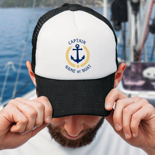 Captain Your Boat Name Anchor Gold Laurel Star Trucker Hat