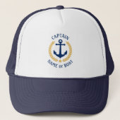 Captain Your Boat Name Anchor Gold Laurel Star Trucker Hat (Front)