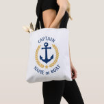 Captain Your Boat Name Anchor Gold Laurel White Tote Bag<br><div class="desc">A stylish tote bag with Captain or other title, your personalized name, boat name or other desired text. Features a custom designed nautical boat anchor with gold style laurel leaves and star on white. Easily customize the base colour to match your current decor or theme. Reusable and great for vacation,...</div>