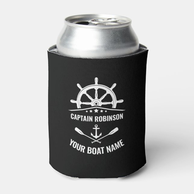 Captain Your Boat Name Nautical Anchor Oars Helm Can Cooler (Can Front)