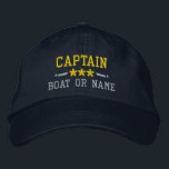 Captain Your Boat Name Nautical Stars Gold Silver Embroidered Hat<br><div class="desc">Sail in style with a personalized embroidered hat featuring your Captain rank or other title,  your Name or Boat Name and stars. Several cap and thread colours to choose from. Makes a great custom gift for Fathers day,  Mothers day or any occasion.</div>